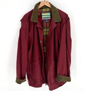 VTG 90s Stratojac Barn Chore Jacket Mens L Burgundy Plaid Corduroy Oversized